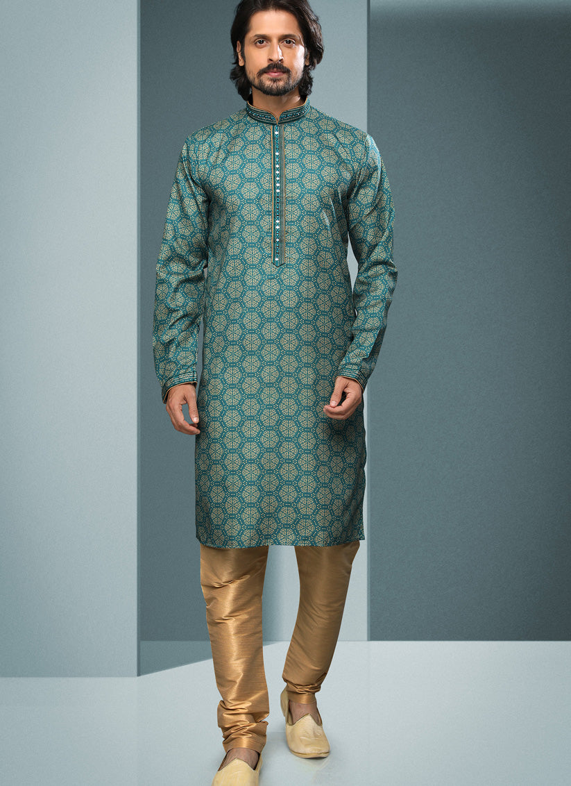 Rama Green Handloom Cotton Printed Mens Kurta Pyjama Set