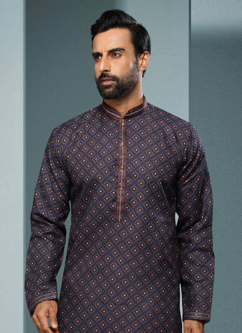 Navy Blue Handloom Cotton Printed Mens Kurta Pyjama Set