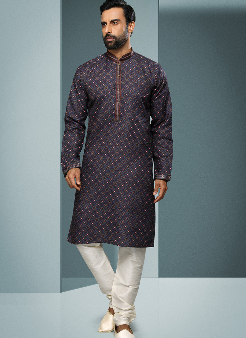 Navy Blue Handloom Cotton Printed Mens Kurta Pyjama Set