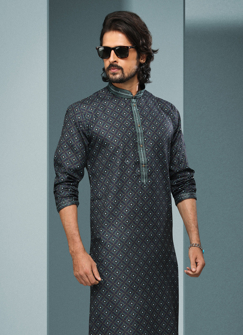 Pine Green Handloom Cotton Printed Mens Kurta Pyjama Set