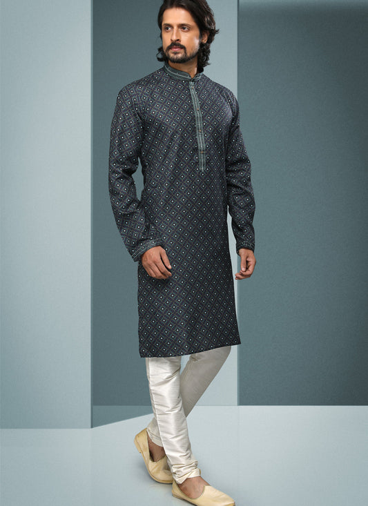 Pine Green Handloom Cotton Printed Mens Kurta Pyjama Set