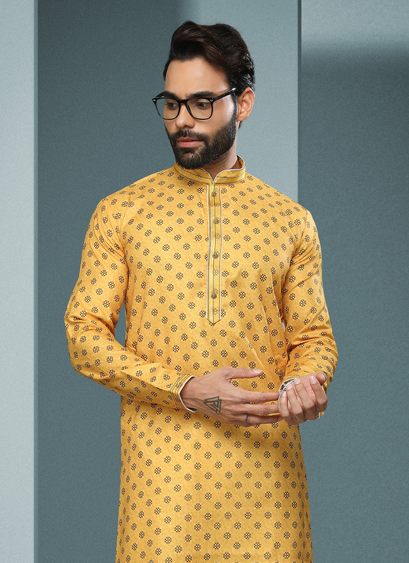 Yellow Handloom Cotton Printed Mens Kurta Pyjama Set