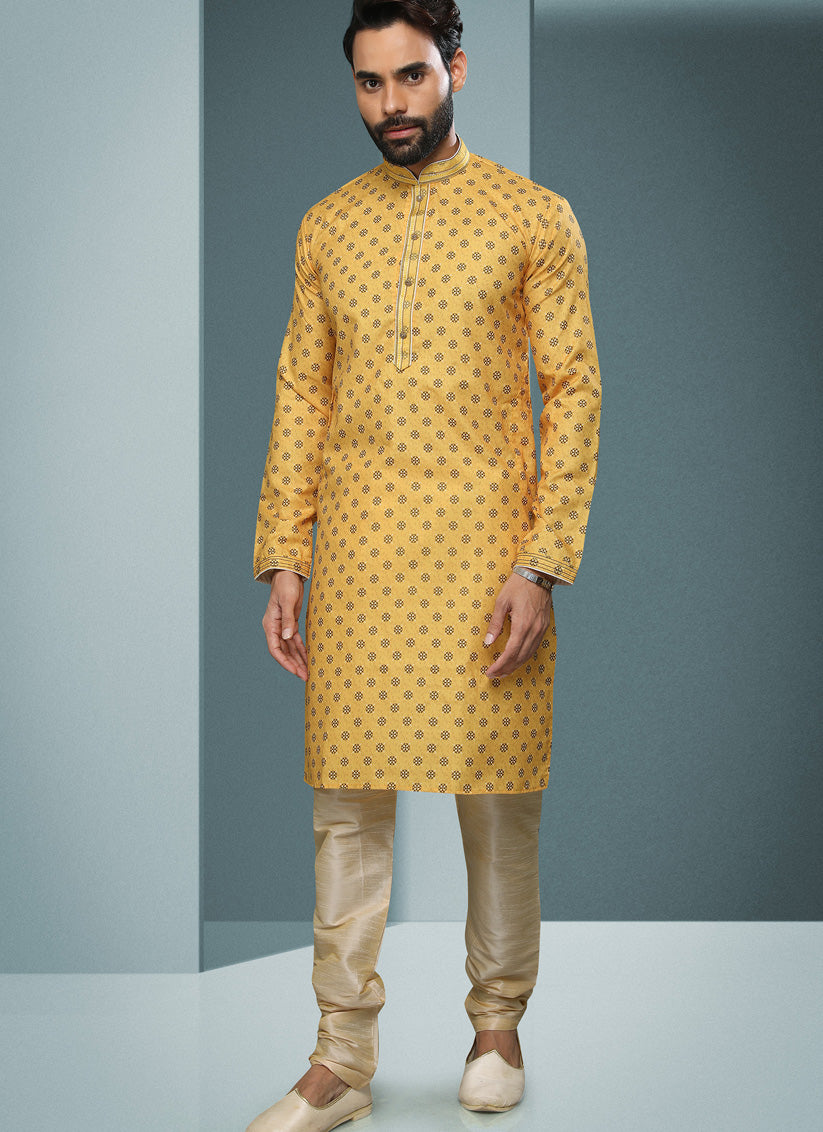 Yellow Handloom Cotton Printed Mens Kurta Pyjama Set