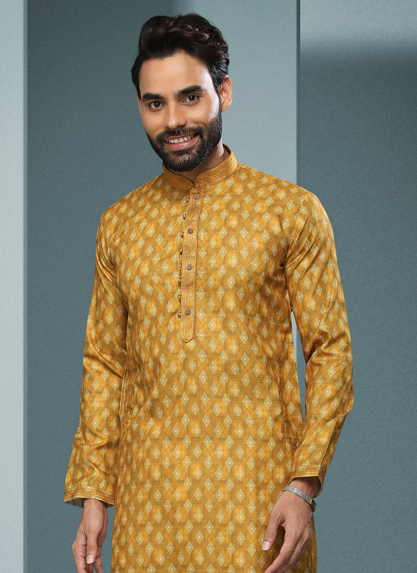 Yellow Handloom Cotton Printed Mens Kurta Pyjama Set