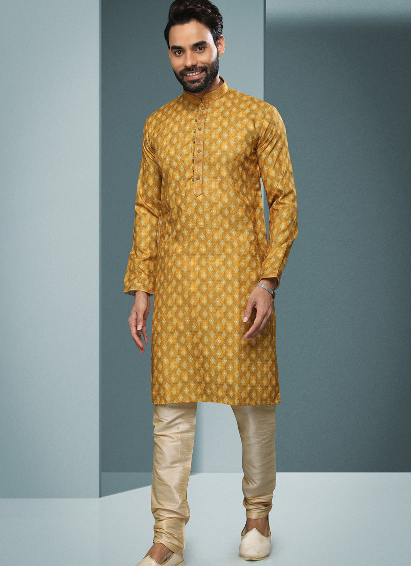 Yellow Handloom Cotton Printed Mens Kurta Pyjama Set