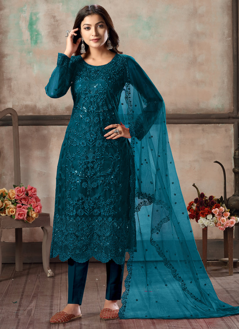 Peacock Blue Net Embroidered Designer Pant Kameez