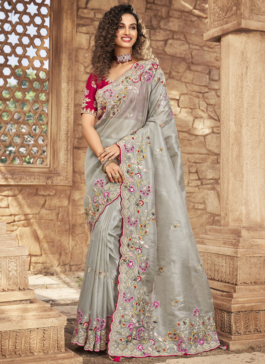 Silver Grey Organza Net Embroidered Wedding Saree