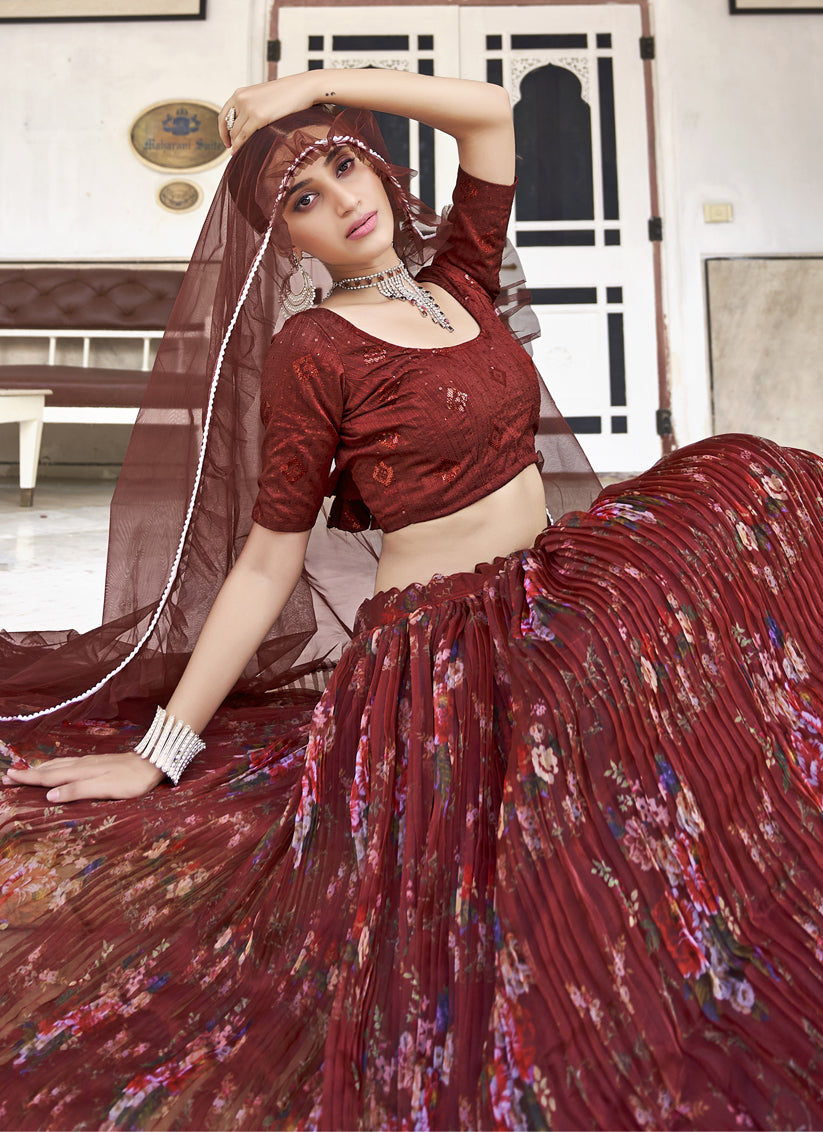 Maroon Organza Printed Lehenga with Embroidered Choli