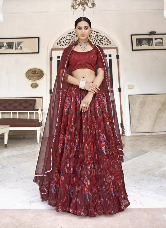 Maroon Organza Printed Lehenga with Embroidered Choli