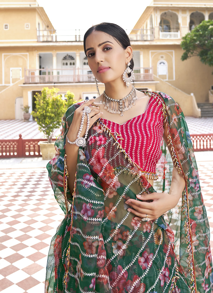 Bottle Green Organza Printed Lehenga with Embroidered Choli