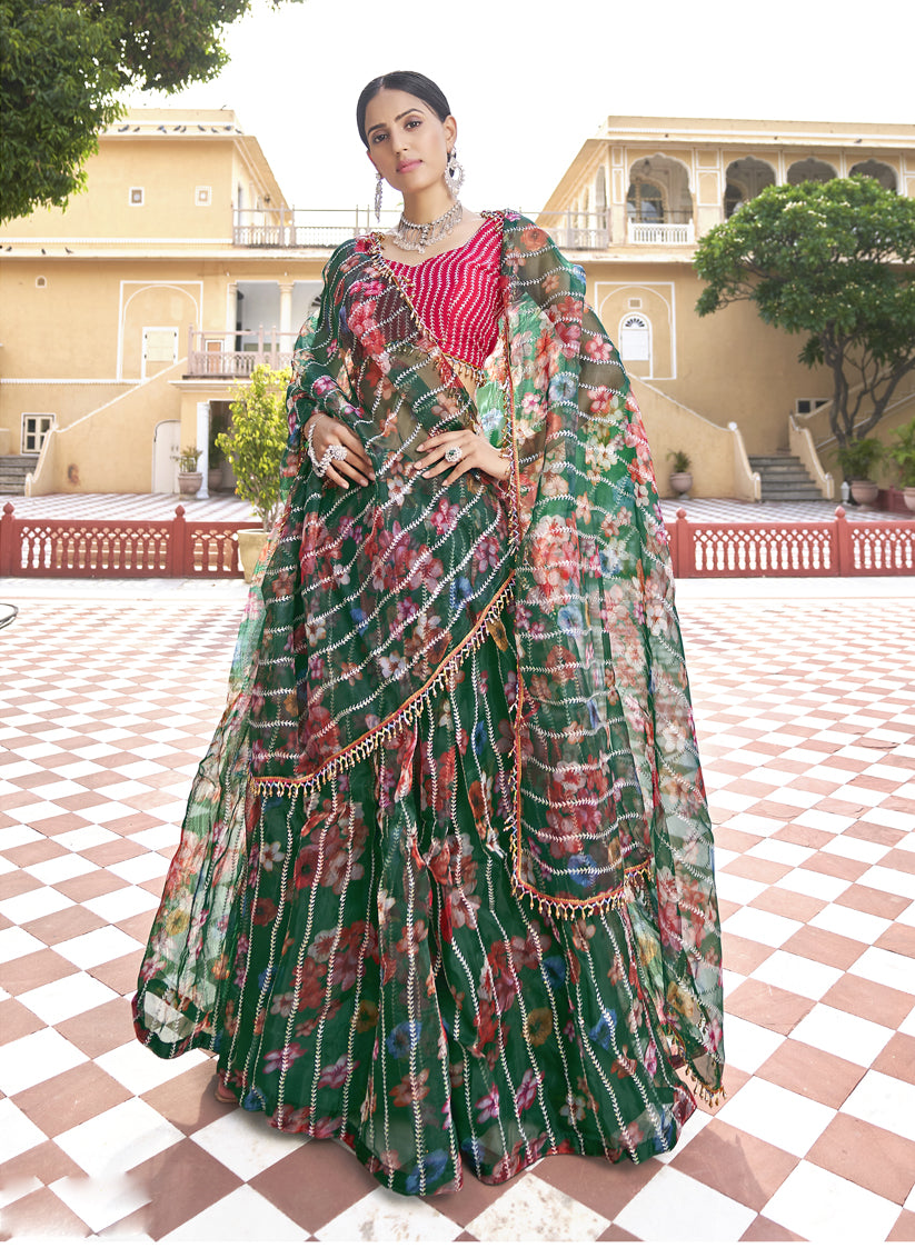 Bottle Green Organza Printed Lehenga with Embroidered Choli