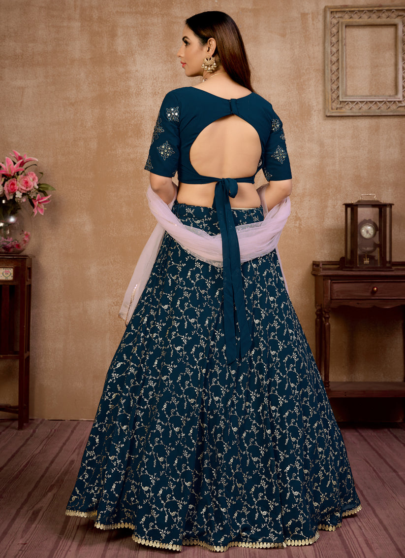 Prussian Blue Georgette Designer Lehenga Choli