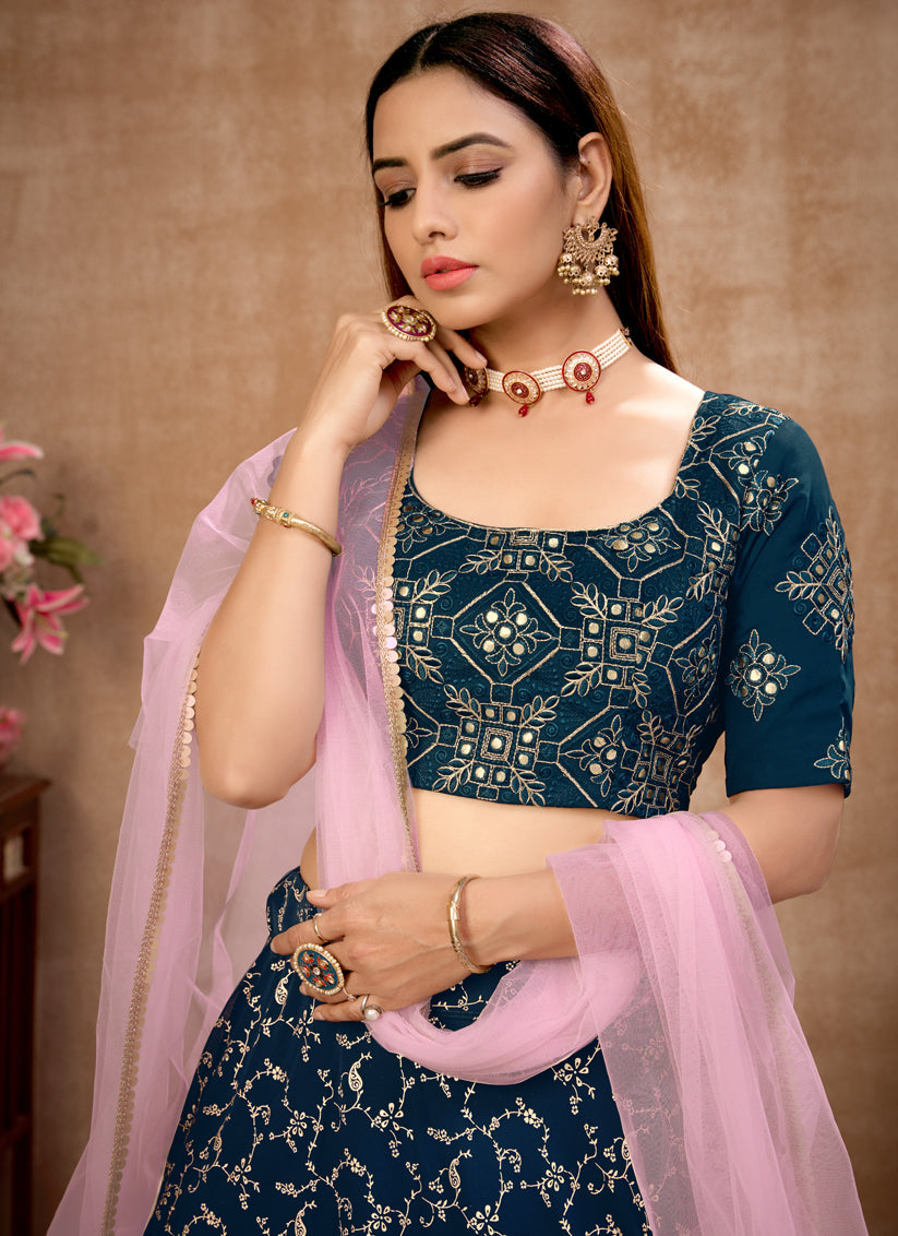 Prussian Blue Georgette Designer Lehenga Choli