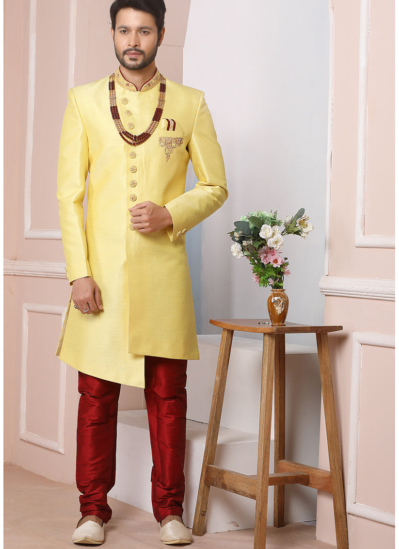 Lemon Yellow Banarasi Silk Embroidered Indo Western