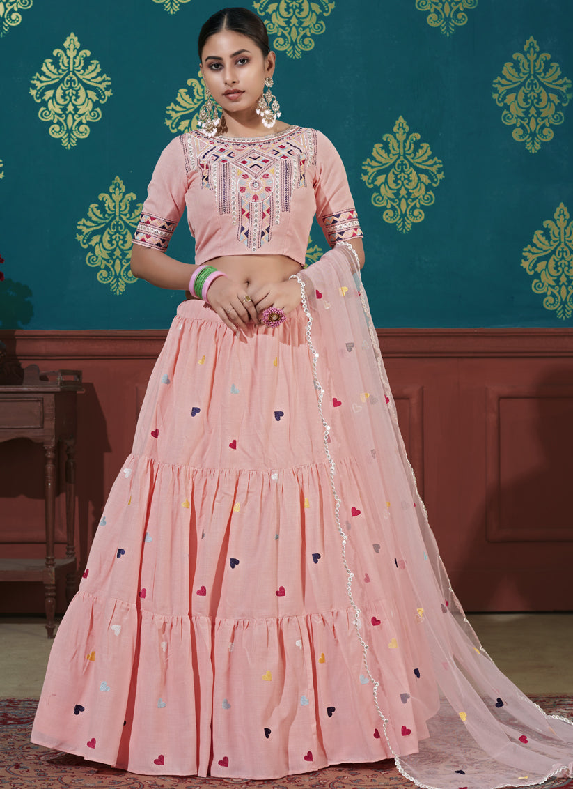 Peach Cotton Wedding Lehenga Choli