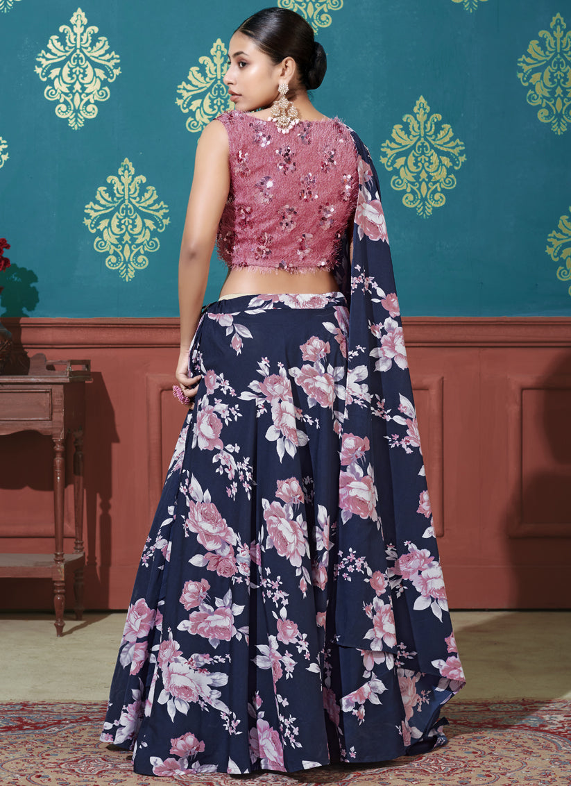 Navy Blue Silk Wedding Lehenga Choli