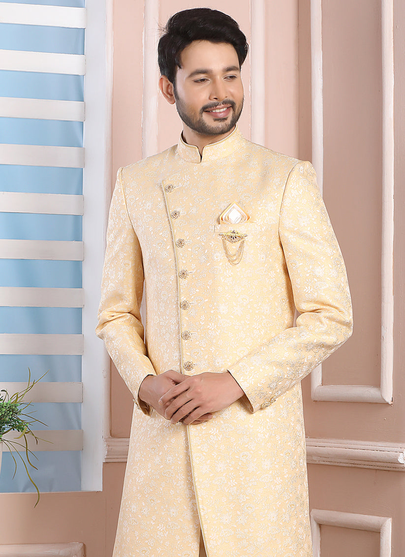 Pastel Yellow Jacquard Silk Mens Indo Western