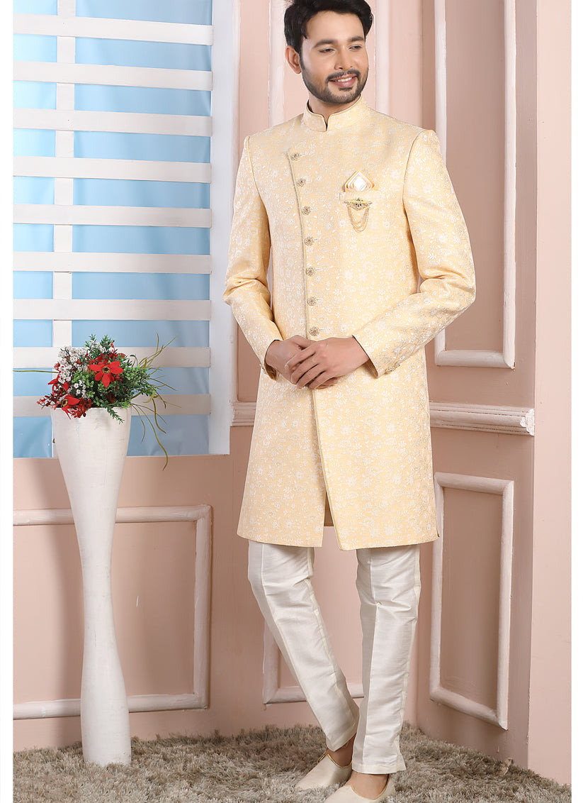 Pastel Yellow Jacquard Silk Mens Indo Western