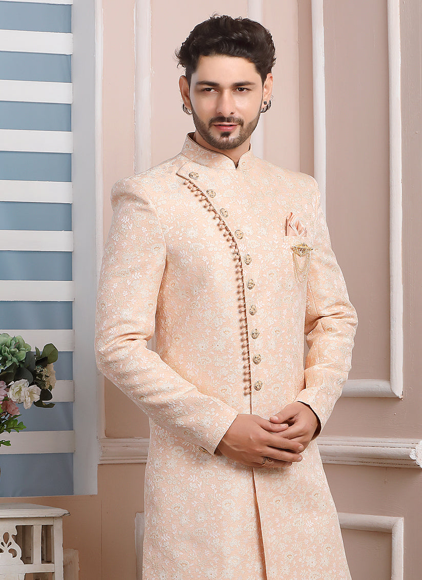 Blush Peach Jacquard Silk Mens Indo Western