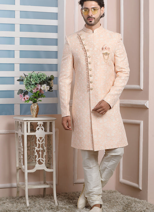 Blush Peach Jacquard Silk Mens Indo Western