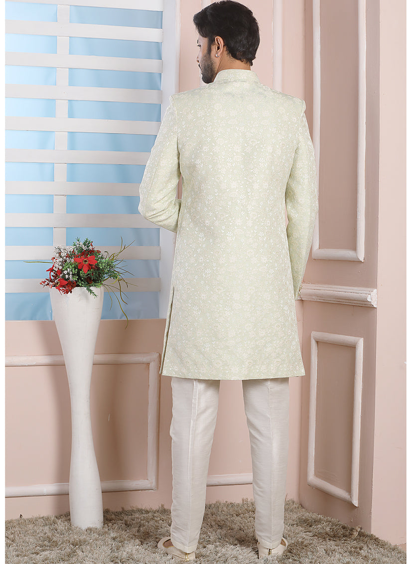 Pastel Green Jacquard Silk Mens Indo Western