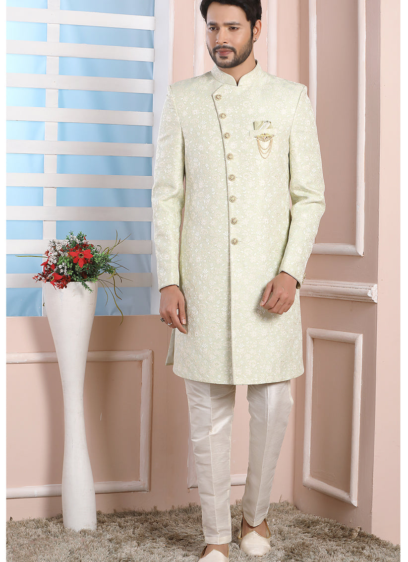 Pastel Green Jacquard Silk Mens Indo Western