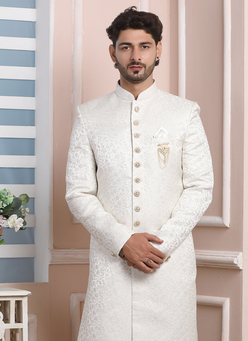 Off White Jacquard Silk Mens Indo Western