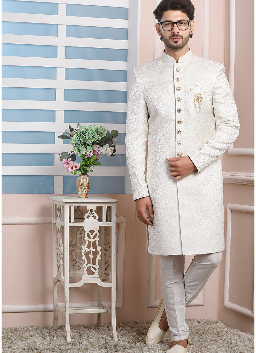 Off White Jacquard Silk Mens Indo Western