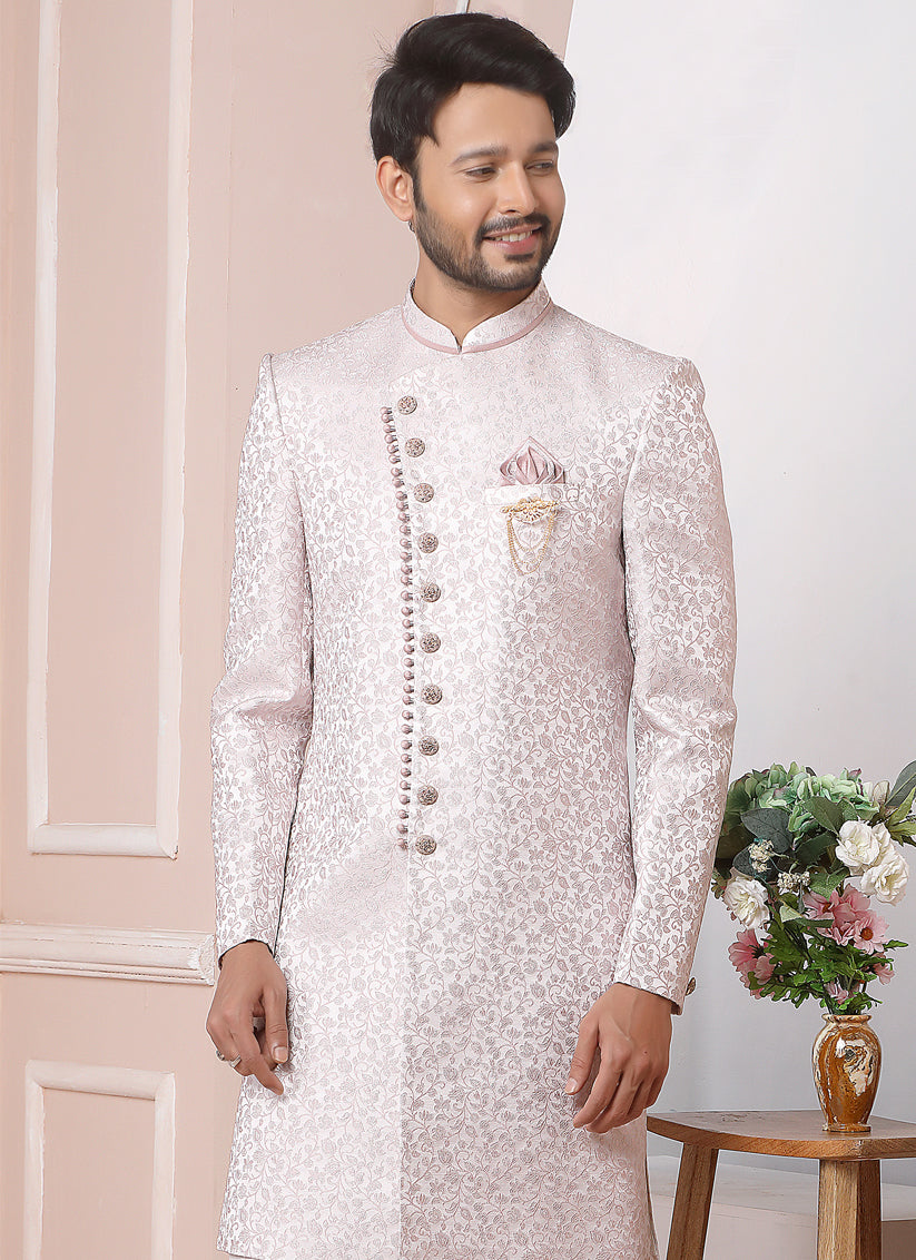 Blush Pink Jacquard Silk Mens Indo Western