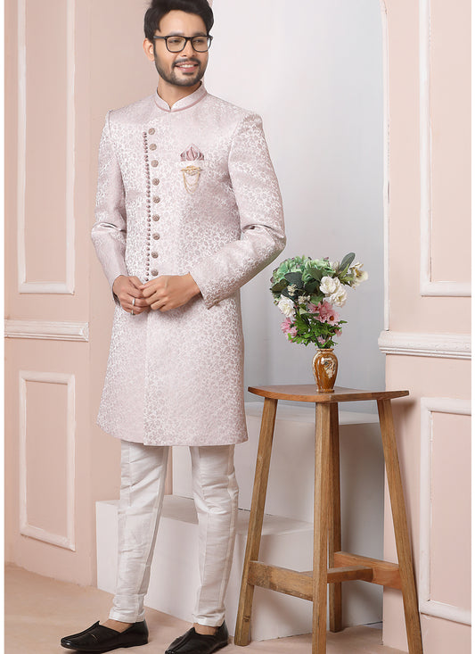 Blush Pink Jacquard Silk Mens Indo Western