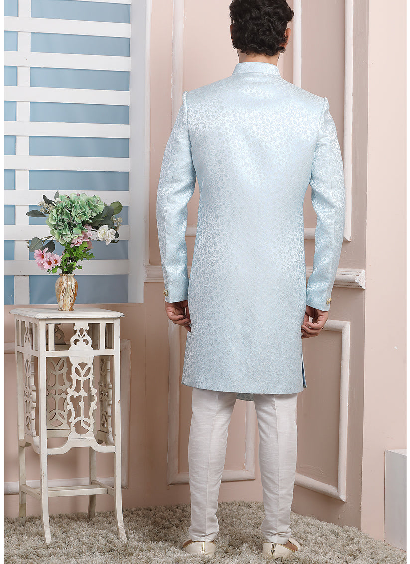 Ice Blue Jacquard Silk Mens Indo Western