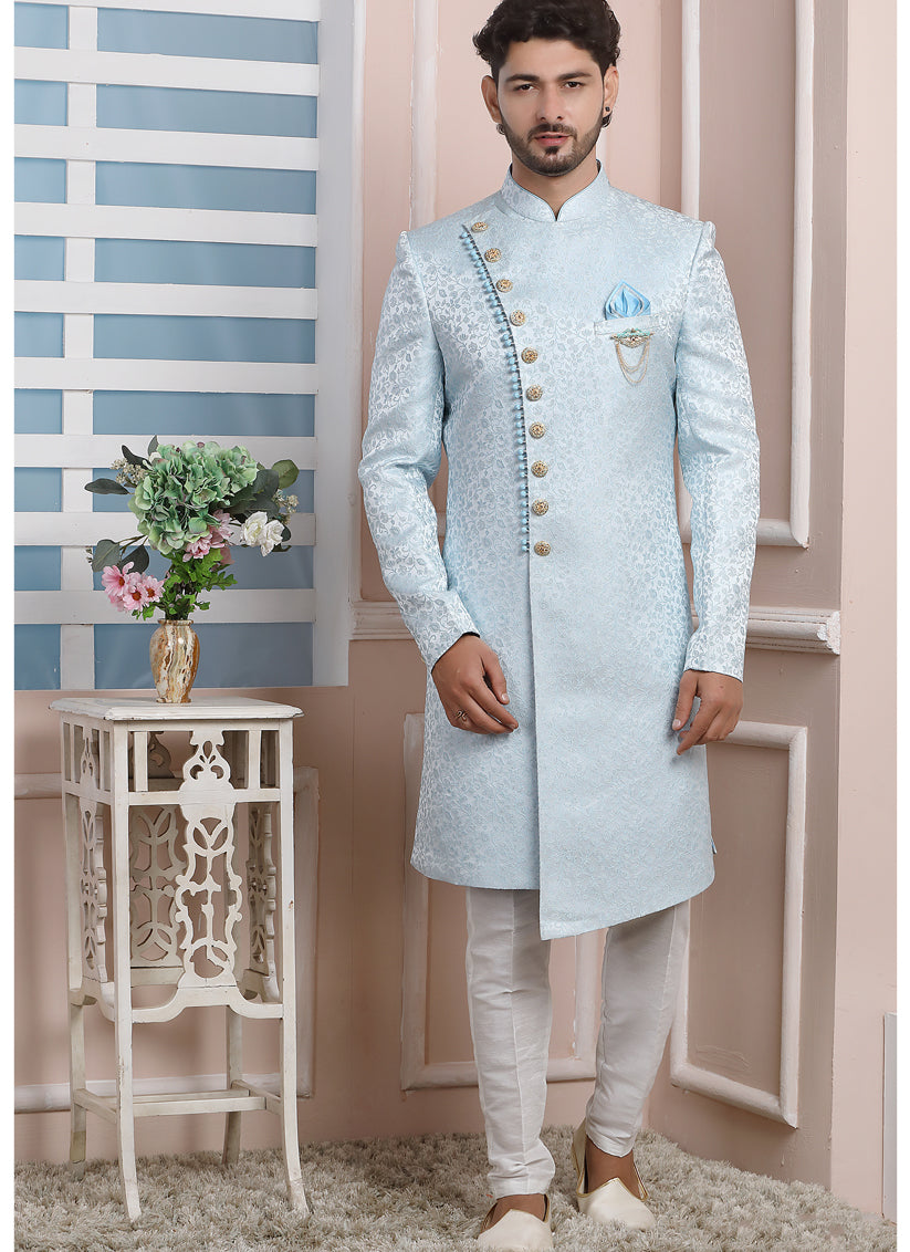 Ice Blue Jacquard Silk Mens Indo Western