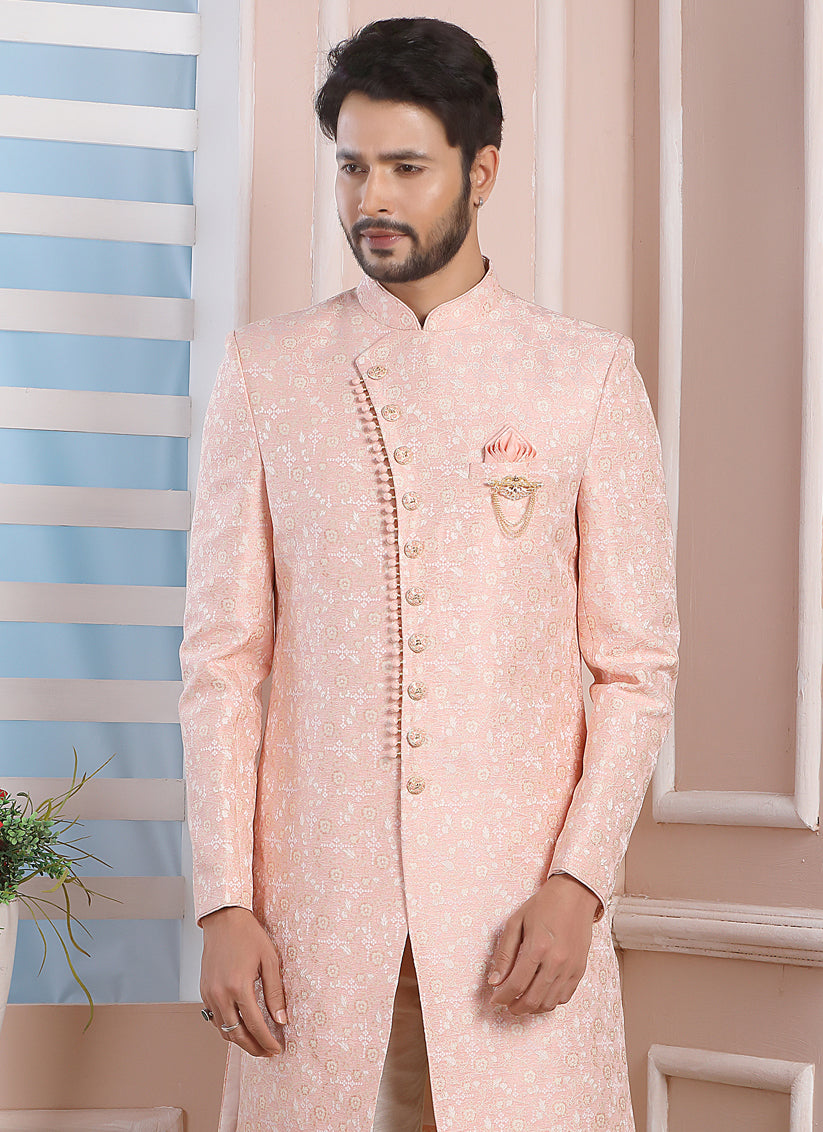 Peach Jacquard Silk Mens Indo Western