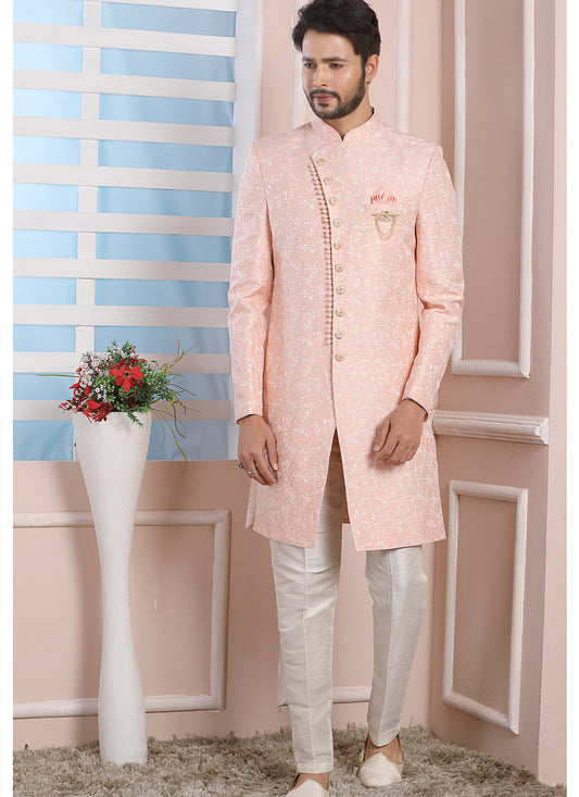 Peach Jacquard Silk Mens Indo Western