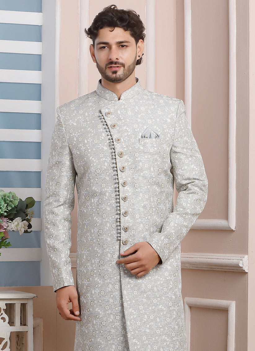 Pearl Grey Jacquard Silk Mens Indo Western