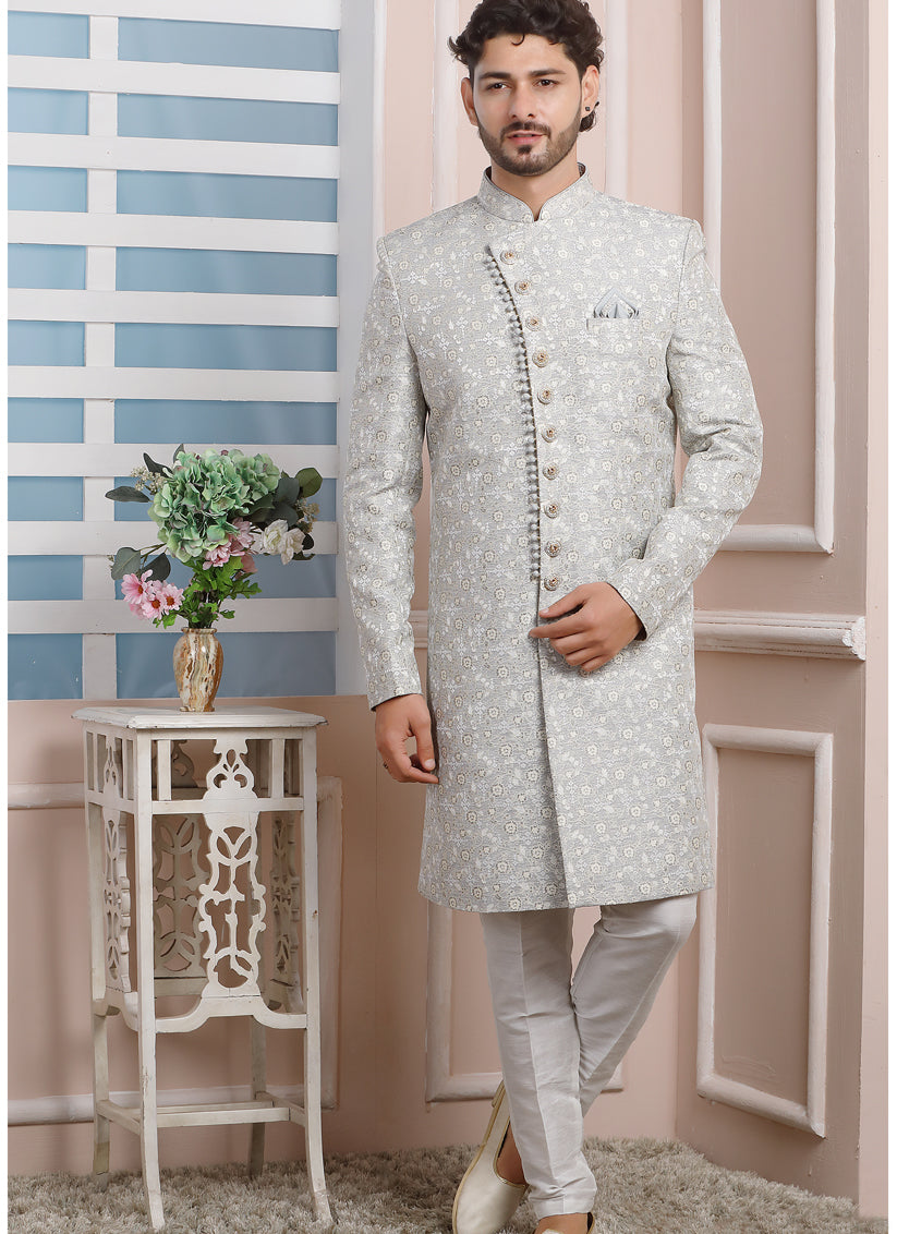 Pearl Grey Jacquard Silk Mens Indo Western