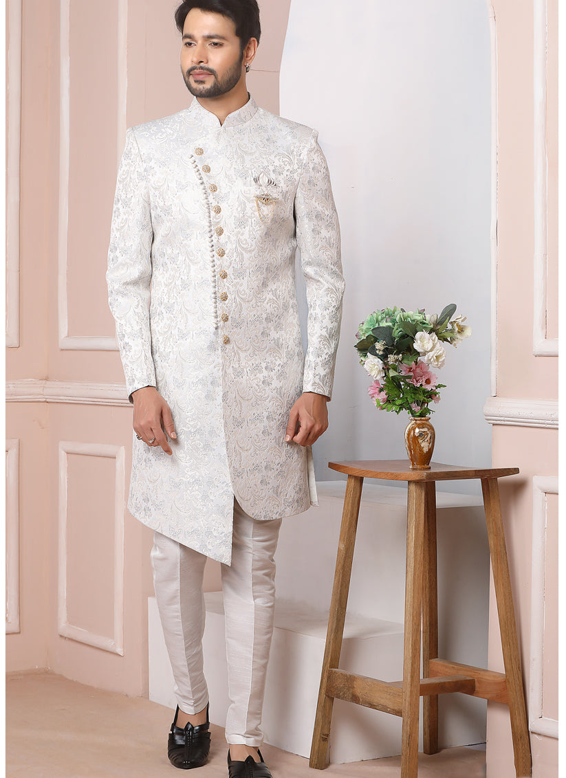 Off White Jacquard Silk Mens Indo Western