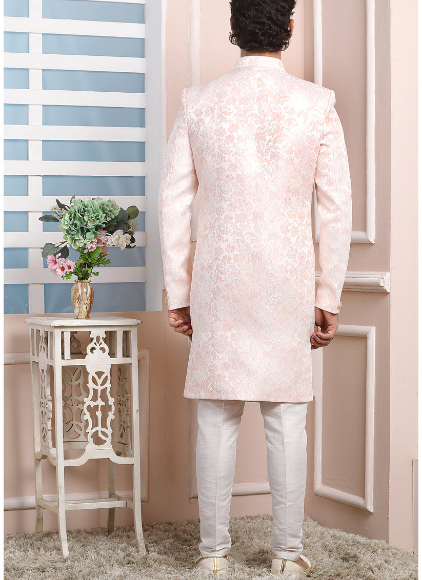 Blush Pink Jacquard Silk Mens Indo Western