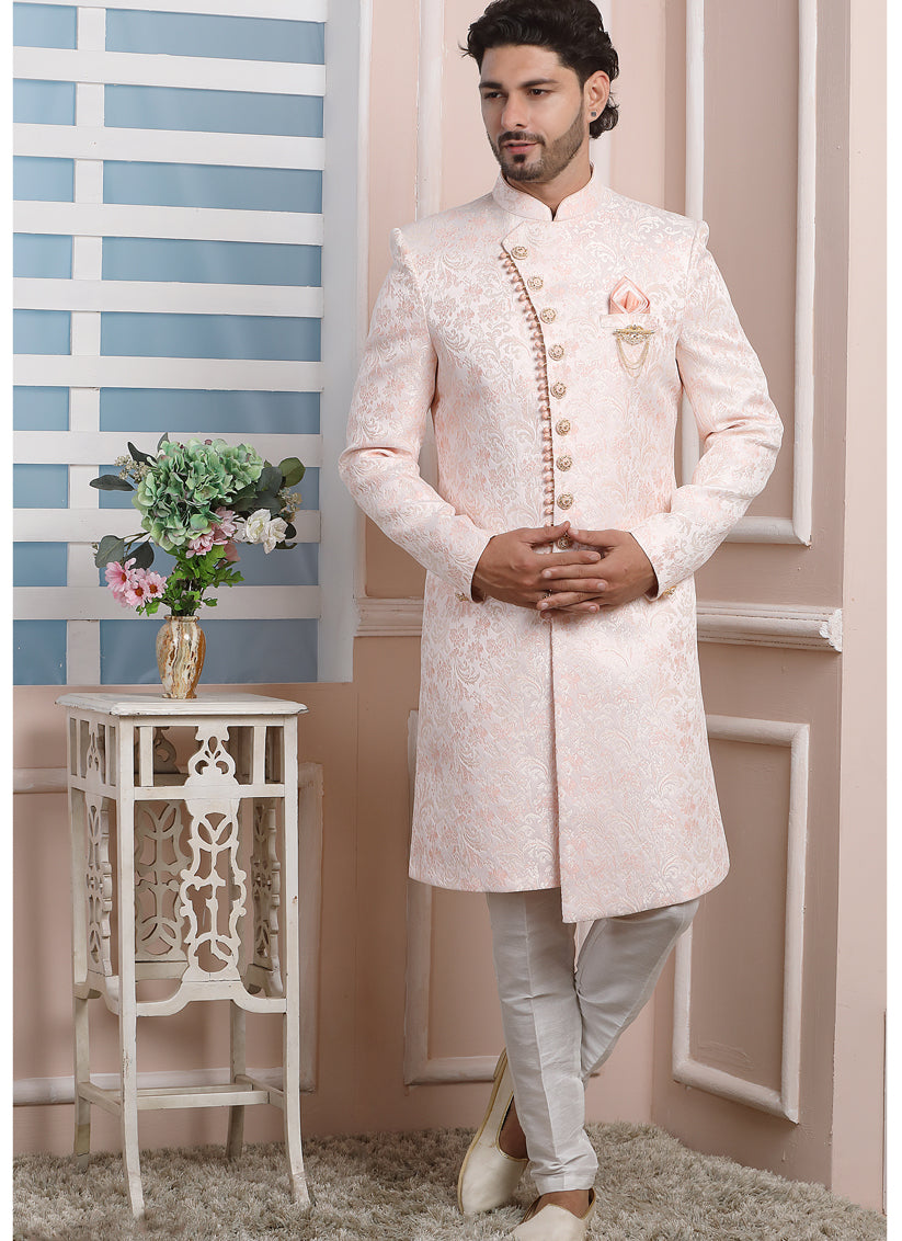 Blush Pink Jacquard Silk Mens Indo Western