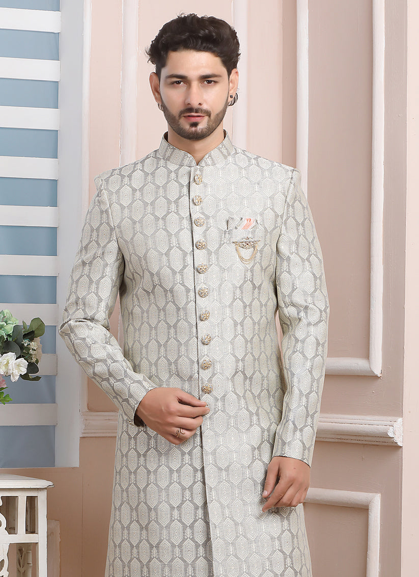 Silver Jacquard Silk Mens Indo Western