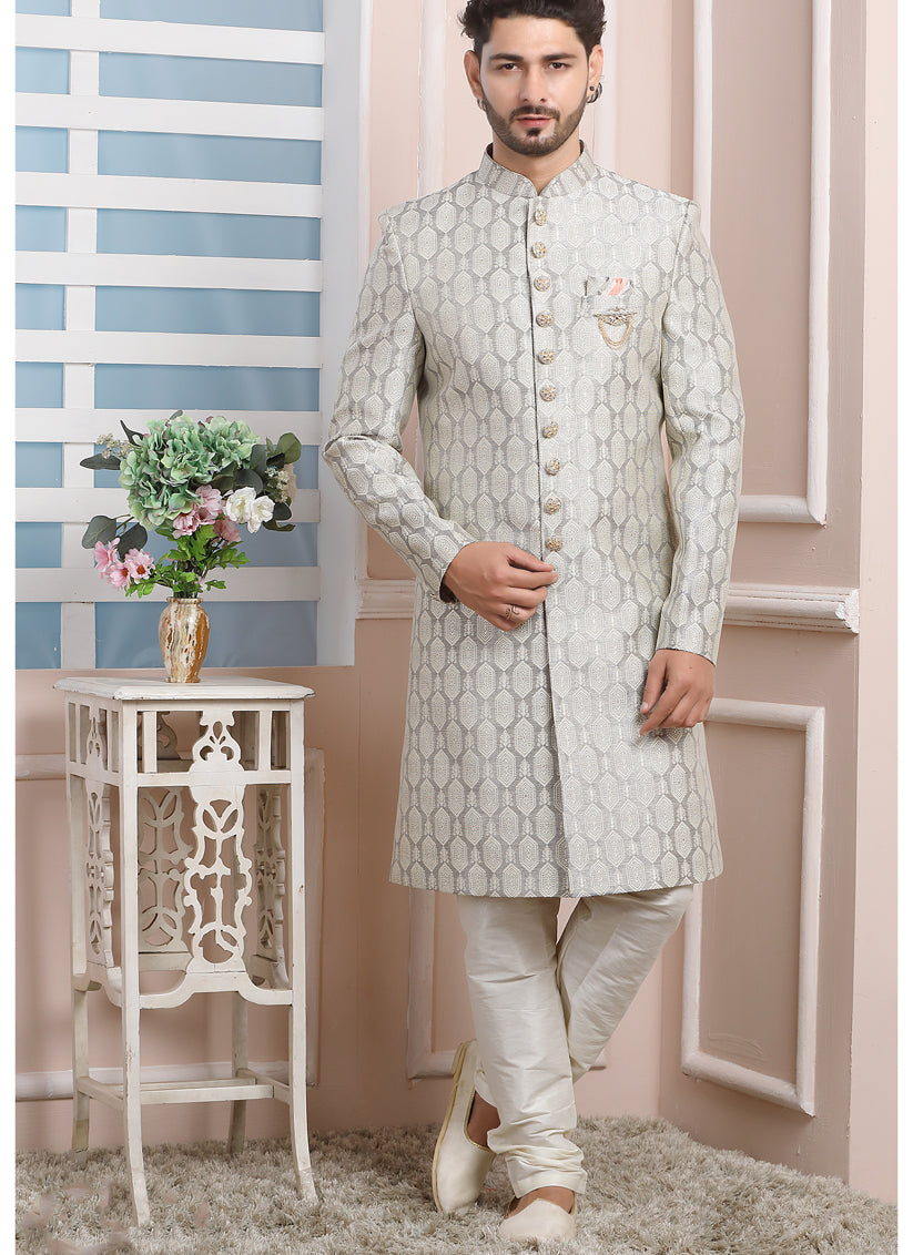 Silver Jacquard Silk Mens Indo Western