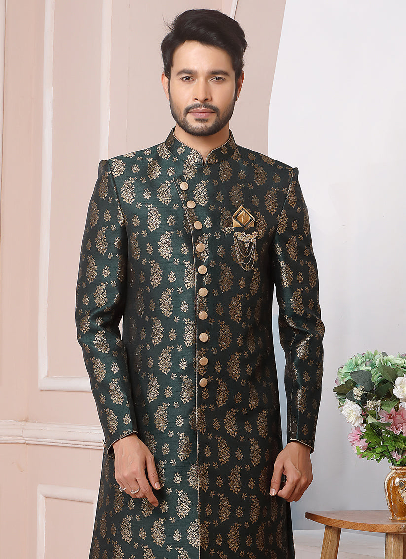 Pine Green Jacquard Silk Mens Indo Western