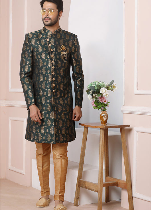 Pine Green Jacquard Silk Mens Indo Western