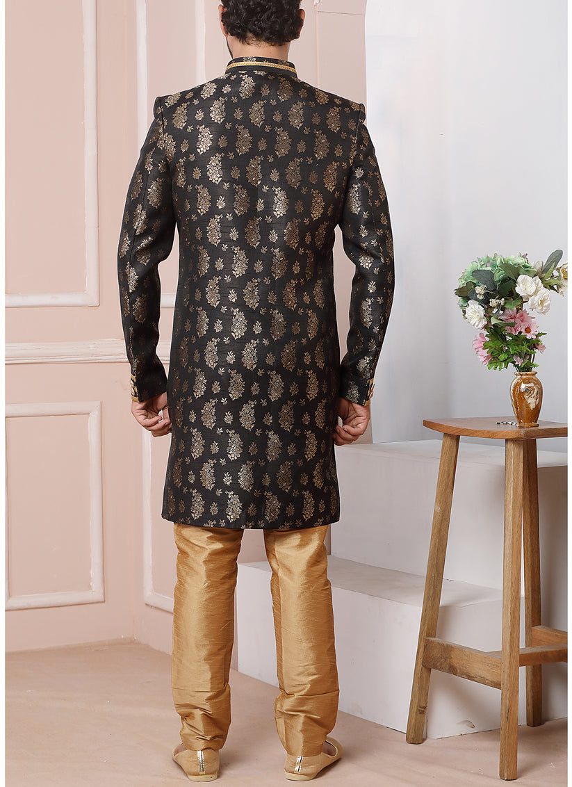 Black Jacquard Silk Mens Indo Western