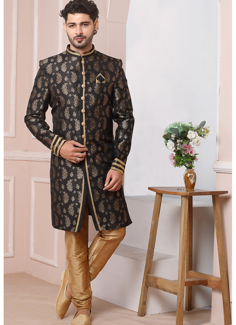 Black Jacquard Silk Mens Indo Western