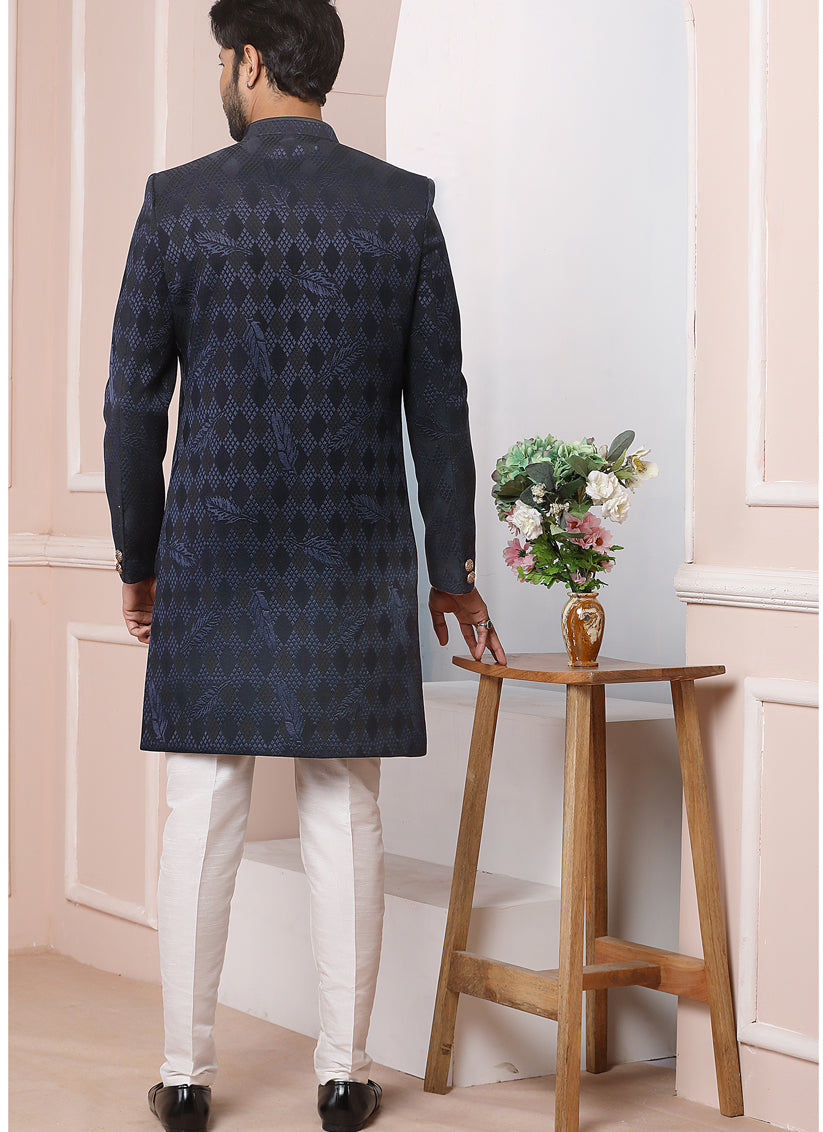 Midnight Blue Jacquard Silk Mens Indo Western