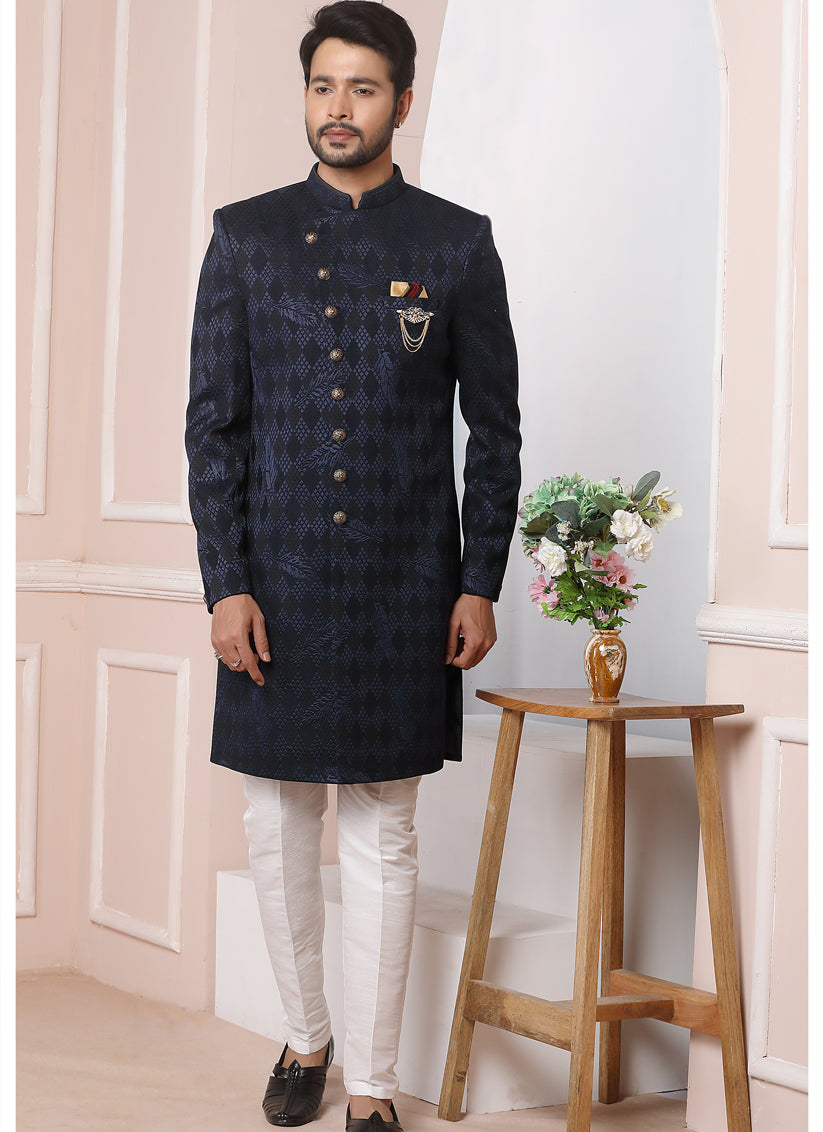 Midnight Blue Jacquard Silk Mens Indo Western