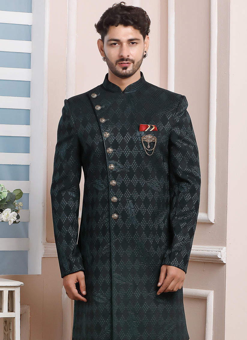 Pine Green Jacquard Silk Mens Indo Western