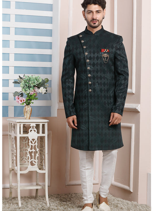 Pine Green Jacquard Silk Mens Indo Western