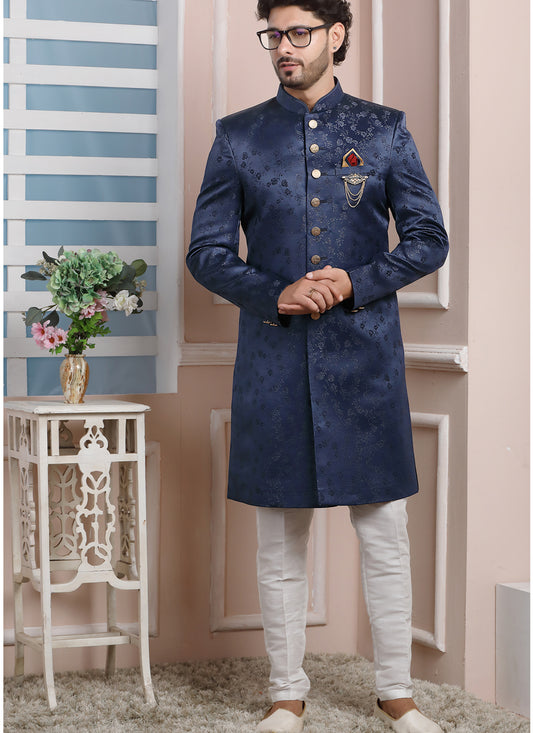 Midnight Blue Jacquard Silk Mens Indo Western